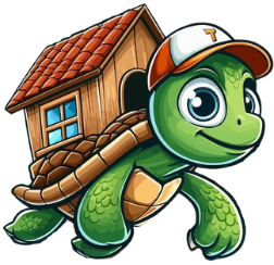 Turbo Turtle Logo Turbo the Turtle from Turbo Buys Homes in Ventura County is flying through the air with a smile on his face and a house on his back representing How-it-works to buy homes fast for cash